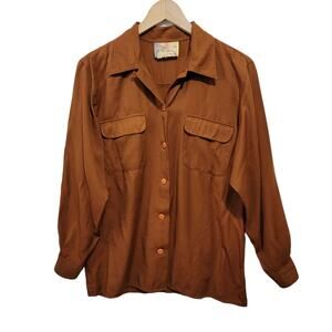 Fred David Chemise VTG Brown Button Front Shirt with Flap Pockets 70s 80s READ